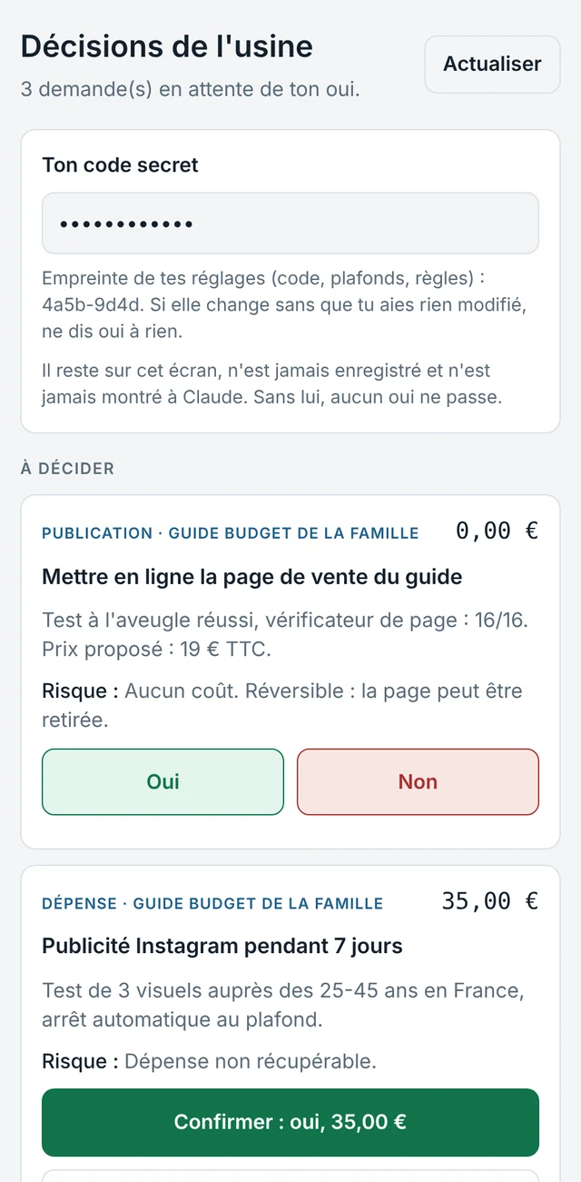 La page Décisions de l'usine sur un téléphone : une publicité de 35 € refusée par la base car elle dépasse le plafond de 20 €.